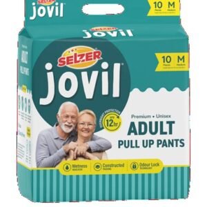 Selzer Jovil Adult Pull Up Pants packaging with image of smiling seniors, size M, 10 pieces, 12-hour protection on teal box